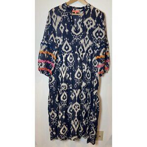 Vilagallo Tammy Ikat Midi Dress Tiered Puff Sleeves Navy Pink Orange 42 L